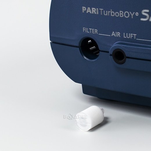 Сменный воздушный фильтр и место подключения воздуховодной трубки компрессорного небулайзера Pari Turbo BOY