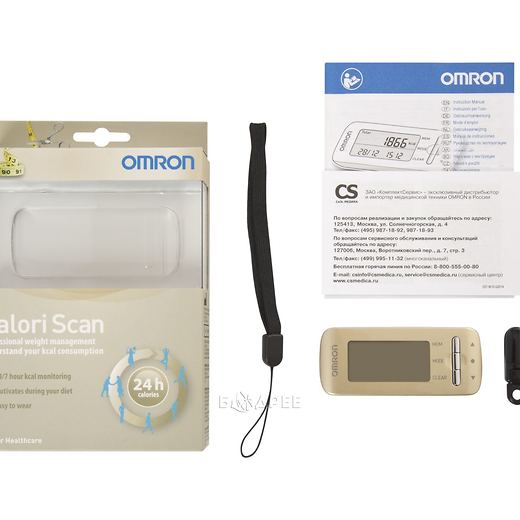 Коробка и документация к монитору активности Omron CaloriScan HJA-306-EGD золотой