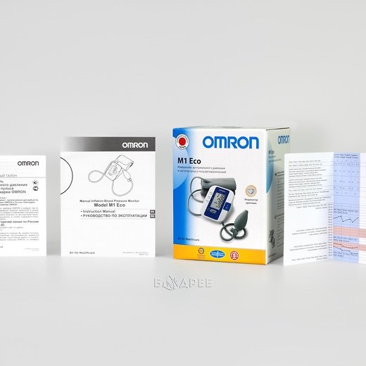 Коробка и документация к полуавтоматическому тонометру Omron M1 Eco
